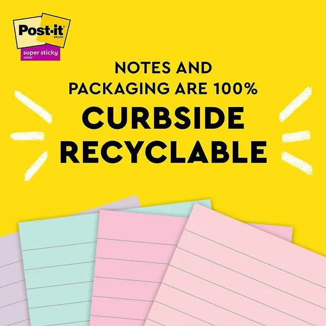 Alt view image 7 of 8 - Post-it Recycled Super Sticky Notes 4" x 4" Wanderlust Pastels Collection Lined 70 Sheet/Pad 3 Pads/Pack (675R-3SSNRP)