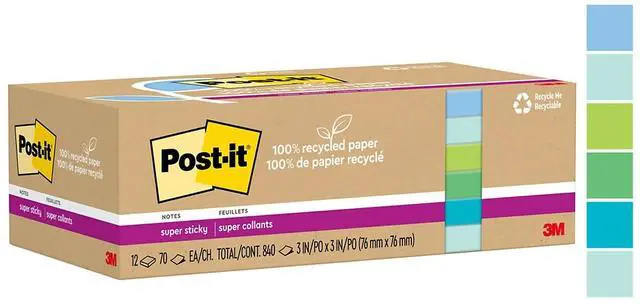 Alt view image 4 of 8 - Post-it Recycled Super Sticky Notes 3" x 3" Oasis Collection 70 Sheet/Pad 12 Pads/Pack (654R-12SST)