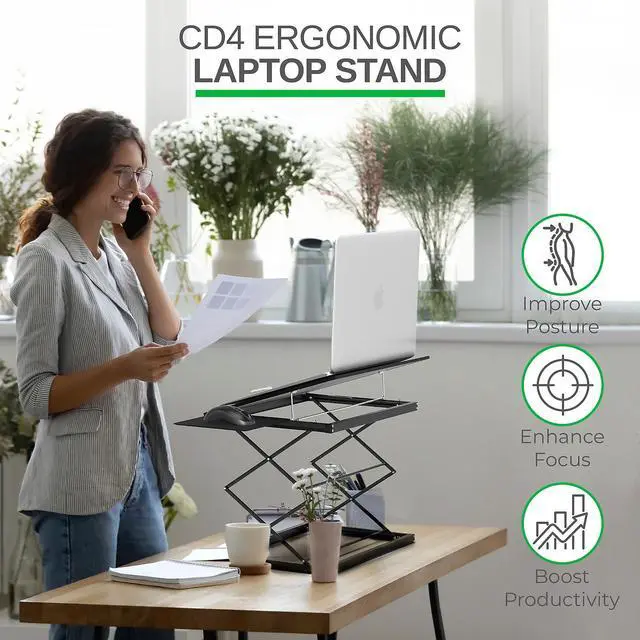 Alt view image 2 of 8 - CD4 Adjustable Standing Desk Converter for Laptops - vertical laptop stand for desk adjustable height Table Top Standing Desk Riser with Mouse Pad 2.6"-18.6" Standing Desk Adjustable Height Converter
