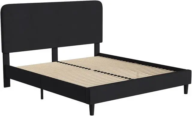 Alt view image 2 of 20 - Addison Charcoal King Fabric Upholstered Platform Bed - Headboard with Rounded Edges - No Box Spring or Foundation Needed
