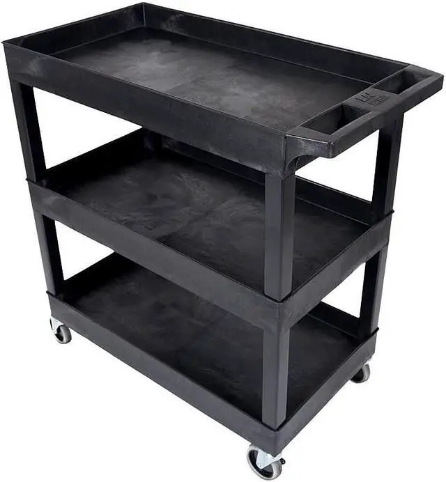 Alt view image 10 of 20 - Luxor Mobile Home Office Kitchen Service Push Handle High Capacity 18"D x 32"W Tub Utility Storage Cart 3 Shelves Black