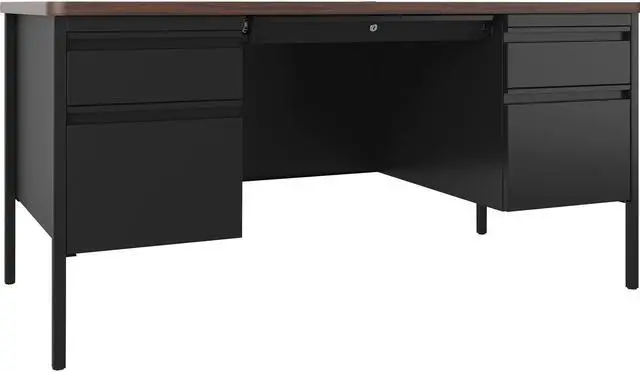 Alt view image 7 of 7 - Lorell Desk, Double-Pedestal, 60"x30"x29-1/2", Walnut/Black (LLR66941)