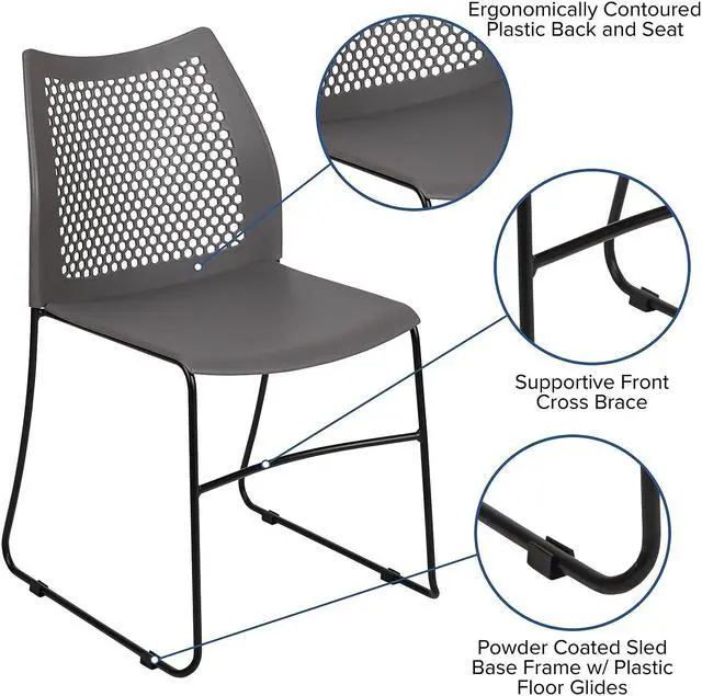 Alt view image 9 of 17 - 5 Pack HERCULES Series 661 lb. Capacity Gray Stack Chair with Air-Vent Back and Black Powder Coated Sled Base