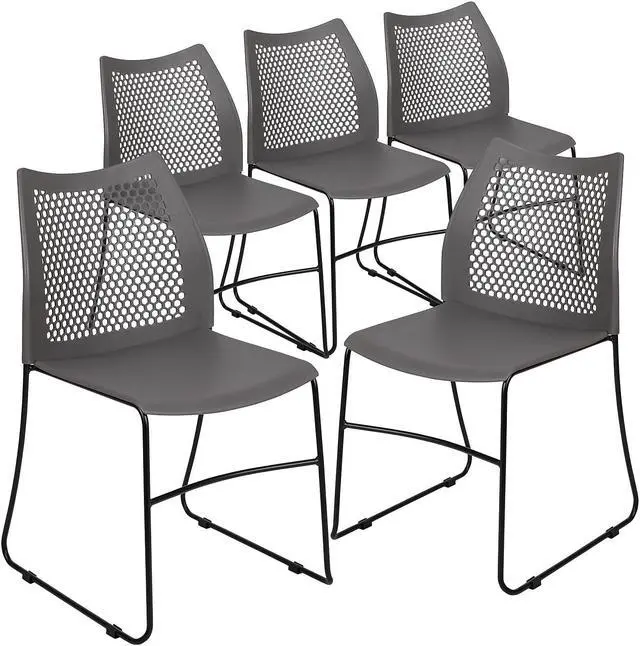 Alt view image 4 of 17 - 5 Pack HERCULES Series 661 lb. Capacity Gray Stack Chair with Air-Vent Back and Black Powder Coated Sled Base