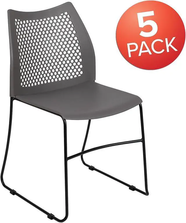 Alt view image 6 of 17 - 5 Pack HERCULES Series 661 lb. Capacity Gray Stack Chair with Air-Vent Back and Black Powder Coated Sled Base