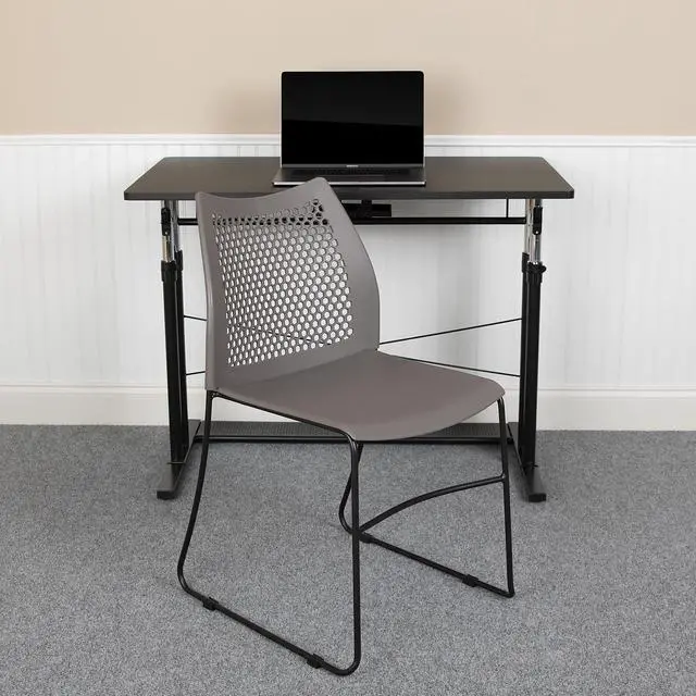 Alt view image 5 of 17 - 5 Pack HERCULES Series 661 lb. Capacity Gray Stack Chair with Air-Vent Back and Black Powder Coated Sled Base