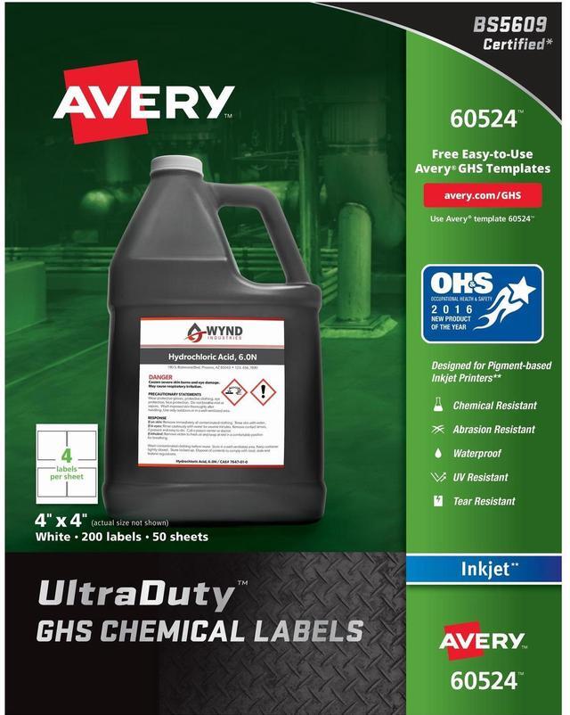 Alt view image 2 of 20 - Avery Chem Label,  4"W x 4"H, 200 Labels,  PK200 White  Synthetic Film  60524