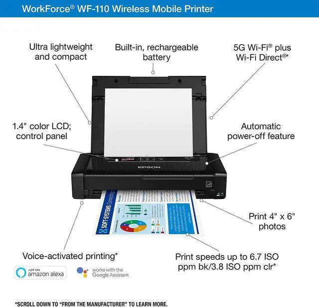 Alt view image 5 of 9 - Epson - C11CH25201 - Epson WorkForce WF-110 Inkjet Printer - Color - 14 ppm Mono / 11 ppm Color - 5760 x 1440 dpi Print