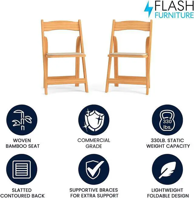 Alt view image 5 of 17 - 2 Pack HERCULES Series Natural Wood Folding Chair with Vinyl Padded Seat