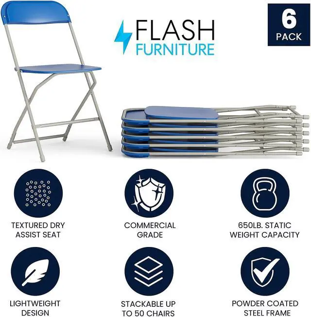 Alt view image 2 of 14 - Flash Furniture Plastic Folding Chair Blue Set of 6 (6LEL3BLUE)