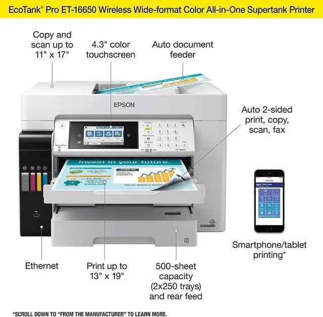 Alt view image 6 of 9 - Epson C11CH71201 EcoTank® ET-16650 Wide-format All-in-One Business Supertank Printer - Inkjet - 4800 x 1200 dpi - 4 x Built-In Tanks - 66,000 Pages - 99 Copies - ESC/P-R - Wi-Fi
