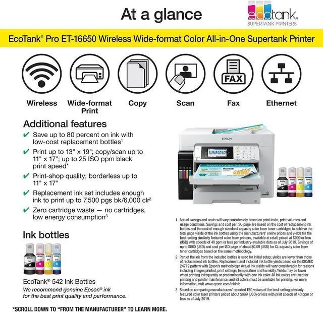 Alt view image 7 of 9 - Epson C11CH71201 EcoTank® ET-16650 Wide-format All-in-One Business Supertank Printer - Inkjet - 4800 x 1200 dpi - 4 x Built-In Tanks - 66,000 Pages - 99 Copies - ESC/P-R - Wi-Fi