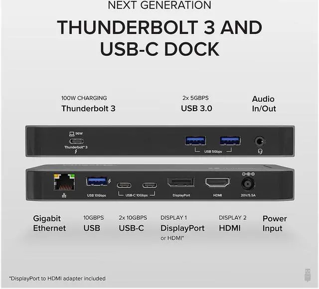 Alt view image 14 of 20 - Plugable Thunderbolt 3 and USB C Docking Station with 96W Charging - Compatible with Mac and Windows Laptops, DisplayPort and HDMI, 2X USB-C, 3X USB 3.0, Gigabit Ethernet, Audio Jack - Horizontal