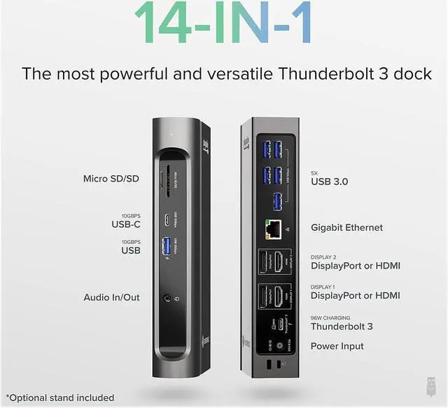 Alt view image 15 of 20 - Plugable 14-in-1 USB-C and Thunderbolt Dock - 40Gbps with 96W Charging, Compatible with Mac and Windows, 2x HDMI 2.0 and DisplayPort, 7x USB ports, Ethernet, Audio, SD/MicroSD, Driverless