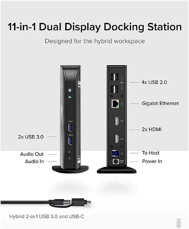 Alt view image 9 of 20 - Plugable Laptop Docking Station Dual Monitor for USB-C or USB 3.0, Compatible with Windows and Mac, (Dual HDMI, 6x USB Ports, Gigabit Ethernet, Audio)
