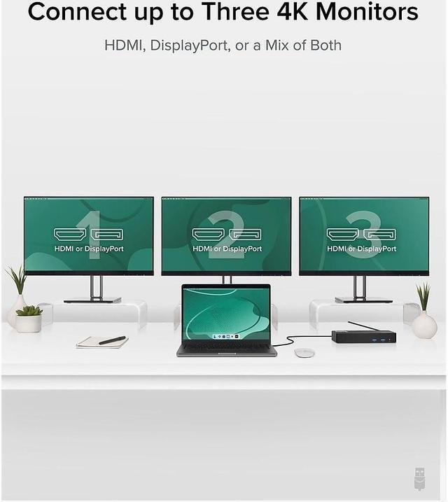 Alt view image 10 of 14 - Plugable USB C Triple 4K Display Docking Station with 60W PD, 3x HDMI or 3x DisplayPort, Compatible with Mac, Windows, Thunderbolt 3 & 4, USB4, USB-C (6x USB Ports, Ethernet)