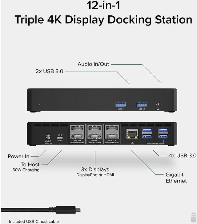Alt view image 9 of 14 - Plugable USB C Triple 4K Display Docking Station with 60W PD, 3x HDMI or 3x DisplayPort, Compatible with Mac, Windows, Thunderbolt 3 & 4, USB4, USB-C (6x USB Ports, Ethernet)