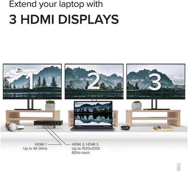 Alt view image 10 of 20 - Plugable USB C Triple Display Docking Station with Laptop Charging, Thunderbolt 3 or USB C Dock Compatible with Specific Windows and Mac Systems (3x HDMI, 6x USB Ports, 60W USB PD)