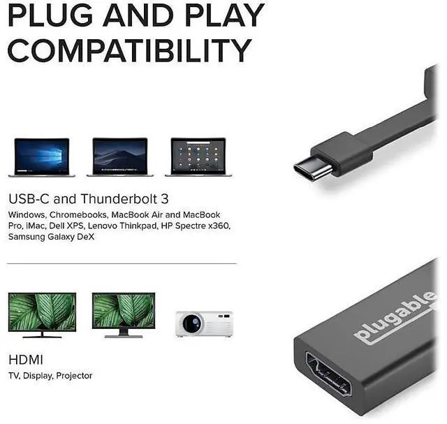 Alt view image 20 of 20 - Plugable USB C to HDMI Adapter 4K 30Hz, Thunderbolt 3 to HDMI Adapter Compatible with MacBook Pro, Windows, Chromebooks, 2018+ iPad Pro, Dell XPS, Thunderbolt 3 Ports and More