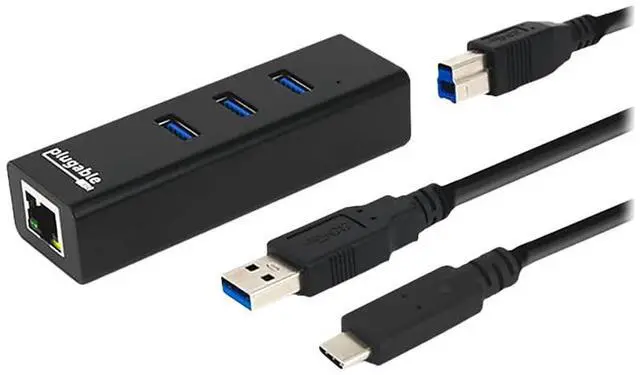 Alt view image 2 of 18 - Plugable USB Hub with Ethernet, 3 port USB 3.0 Bus Powered Hub with Gigabit Ethernet Compatible with Windows, MacBook, Linux, Chrome OS, Includes USB C and USB 3.0 Cables