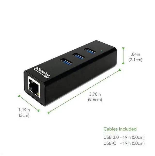 Alt view image 14 of 18 - Plugable USB Hub with Ethernet, 3 port USB 3.0 Bus Powered Hub with Gigabit Ethernet Compatible with Windows, MacBook, Linux, Chrome OS, Includes USB C and USB 3.0 Cables