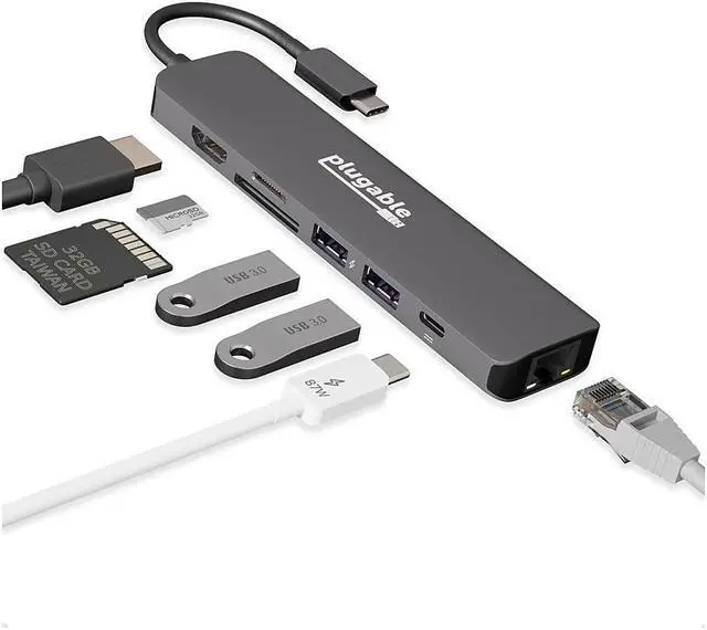 Alt view image 9 of 20 - Plugable 7-in-1 USB C Hub Multiport Adapter with Ethernet - Compatible with Mac, Windows, Chromebook, Dell XPS and Thunderbolt 3 (100W Charging, Gigabit Ethernet, 4K HDMI, 2x USB, SD/microSD)