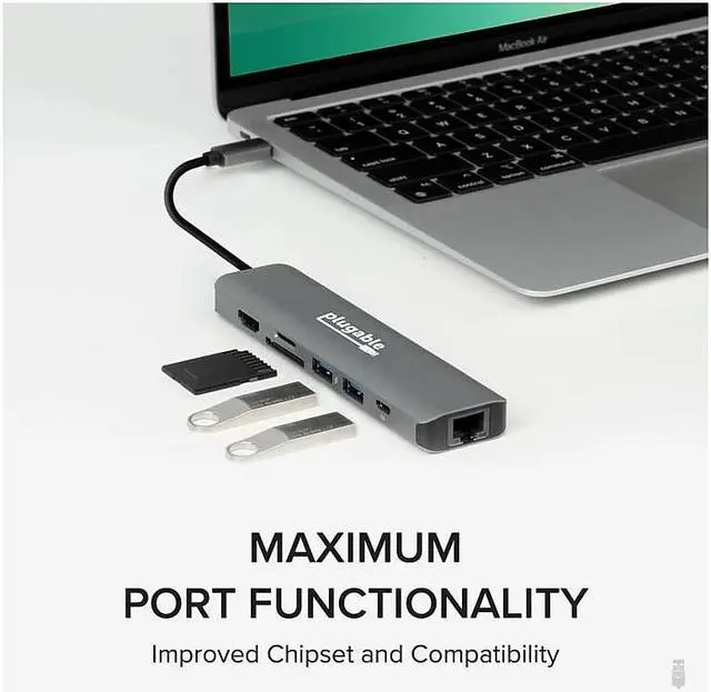 Alt view image 14 of 20 - Plugable 7-in-1 USB C Hub Multiport Adapter with Ethernet - Compatible with Mac, Windows, Chromebook, Dell XPS and Thunderbolt 3 (100W Charging, Gigabit Ethernet, 4K HDMI, 2x USB, SD/microSD)