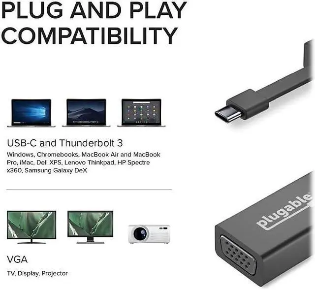 Alt view image 18 of 19 - Plugable USB C to VGA Adapter, Thunderbolt 3 to VGA Adapter Compatible with Macbook Pro, Windows, Chromebooks, 2018 iPad Pro, Dell XPS, and more (Supports resolutions up to 1920x1200 @ 60Hz)