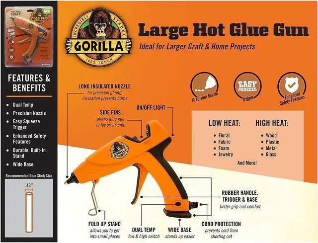 Alt view image 7 of 10 - gorilla dual temp full-size hot glue gun, orange