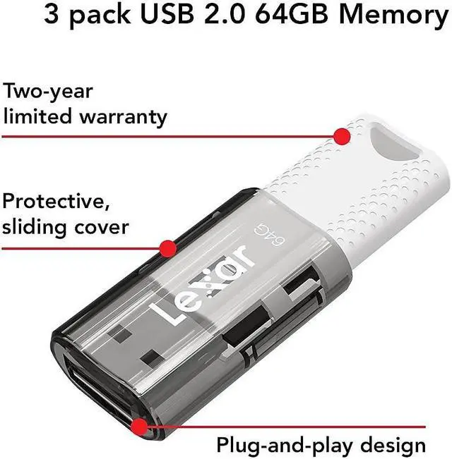 Alt view image 2 of 8 - Lexar JumpDrive S60 64GB USB 2.0 Type A Flash Drive Grey/White 3/Pack (LJDS60-64GB3NNU)