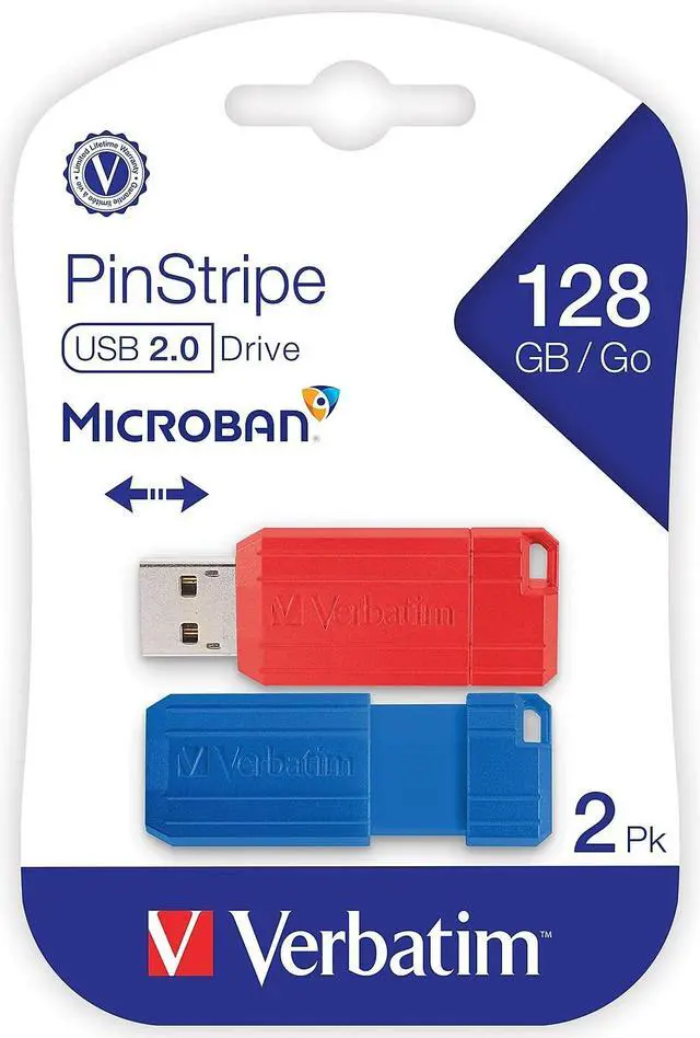 Main image of Verbatim PinStripe 128GB USB 2.0 Type-A Flash Drive Red and Blue 2/Pack (70391)