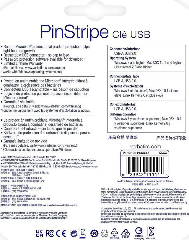 Alt view image 2 of 14 - Verbatim PinStripe 128GB USB 2.0 Type-A Flash Drive Red and Blue 2/Pack (70391)