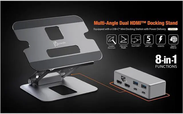 Alt view image 2 of 7 - j5create 11.4" x 8.9" Aluminum Multi-Angle Dual-HDMI Docking Stand Space Gray/Silver (JTS427)