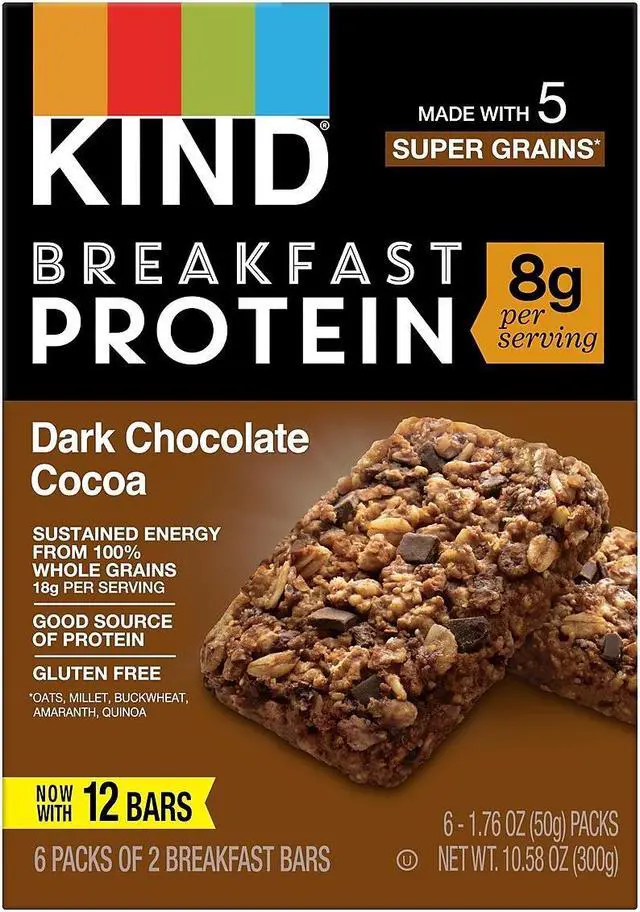Main image of KIND Gluten-Free Dark Chocolate Cocoa Protein Breakfast Bar 0.88 oz. 6 Bars/Box (41936) PHW41936