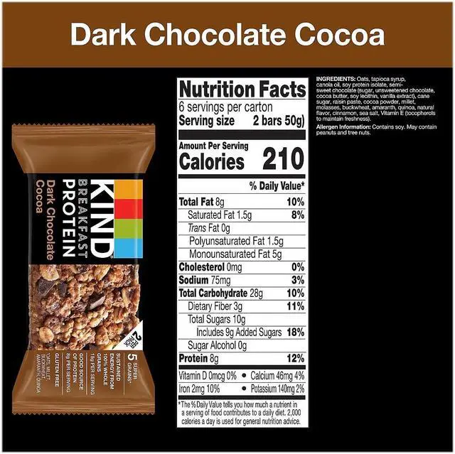 Alt view image 3 of 11 - KIND Gluten-Free Dark Chocolate Cocoa Protein Breakfast Bar 0.88 oz. 6 Bars/Box (41936) PHW41936
