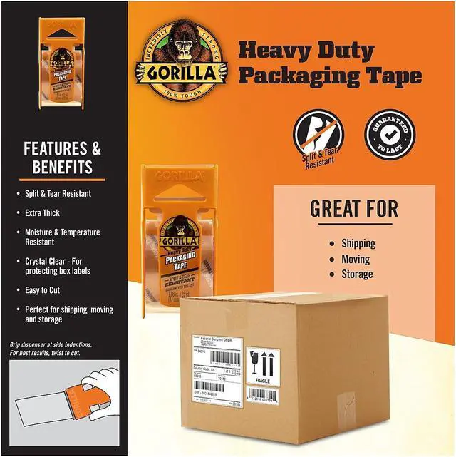 Alt view image 8 of 9 - Gorilla 6034015 Heavy Duty Packing Tape with Dispenser for Moving, Shipping and Storage, 1.88" x 25 yd, Clear, (Pack of 6)