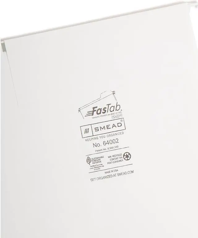 Alt view image 4 of 6 - Smead FasTab Recycled Hanging File Folder 1-Tab Letter Size White 20/Box (64002)