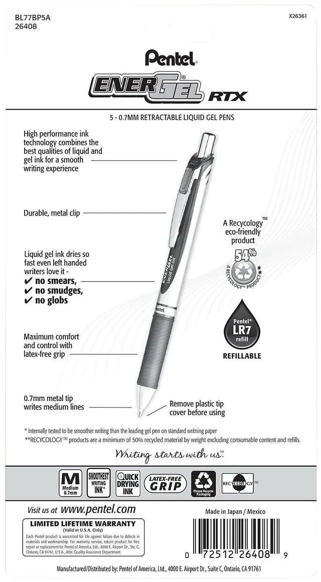 Alt view image 4 of 7 - Pentel EnerGel RTX Black Ink Retractable Gel Pen, 0.7 mm, 5/Pack (PENBL77BP5A)