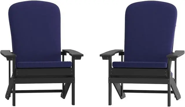 Alt view image 7 of 13 - Charlestown Set of 2 All-Weather Poly Resin Wood Adirondack Chairs in Slate Gray with Blue Cushions for Deck, Porch, and Patio