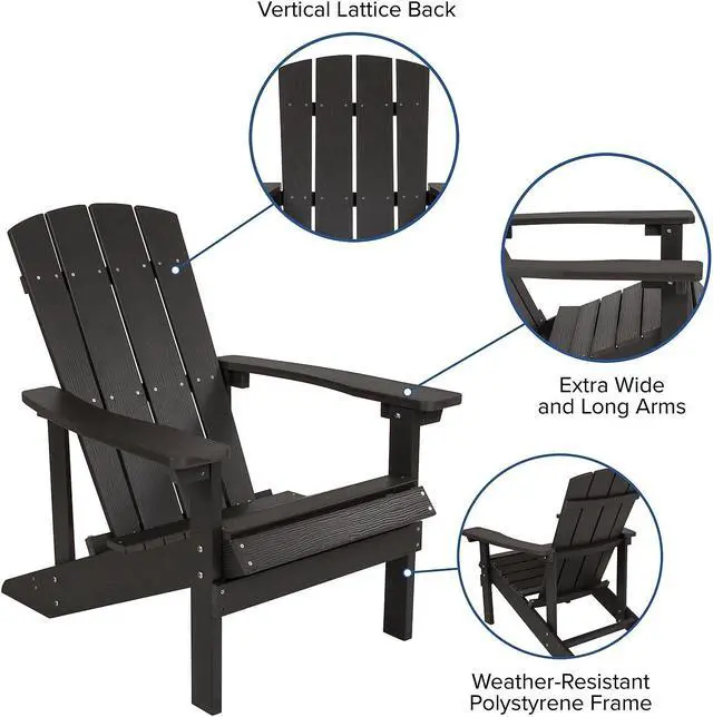Alt view image 10 of 13 - Charlestown Set of 2 All-Weather Poly Resin Wood Adirondack Chairs in Slate Gray with Blue Cushions for Deck, Porch, and Patio
