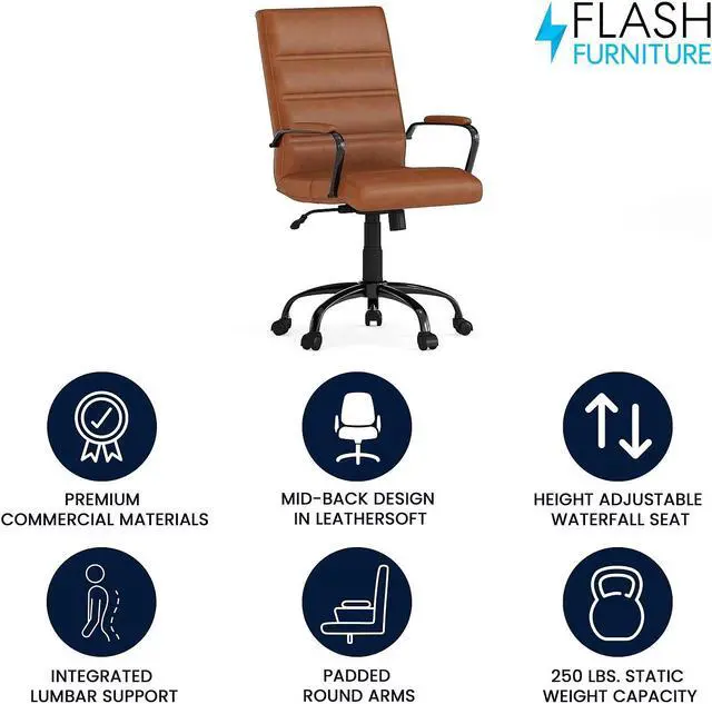 Alt view image 19 of 20 - Flash Furniture Whitney Ergonomic LeatherSoft Swivel Mid-Back Executive Office Chair Brown/Black (GO2286MBRBK)
