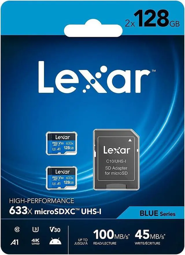 Main image of Lexar High-Performance 633x BLUE Series 128GB microSDXC Memory Card with Adapter Class 10 UHS-I V30 2/Pack (LSDMI128-B2U633)