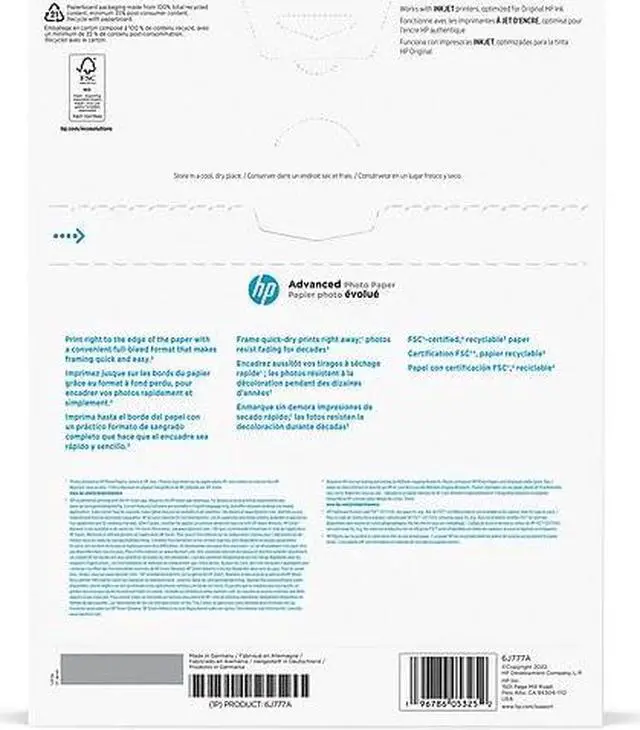 Alt view image 11 of 15 - HP Advanced Photo Paper, Glossy, 65 lb, 8 x 10 in., 203 x 254 mm, 25 sheets