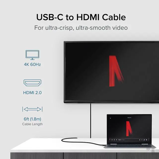 Alt view image 11 of 16 - Plugable USB C to HDMI Cable 6ft - Connect USB-C, Thunderbolt 3, Thunderbolt 4 or USB4 Laptops to HDMI Displays up to 4K@60Hz - Compatible with Mac and Windows, HDMI 2.0, 1.8m - Driverless