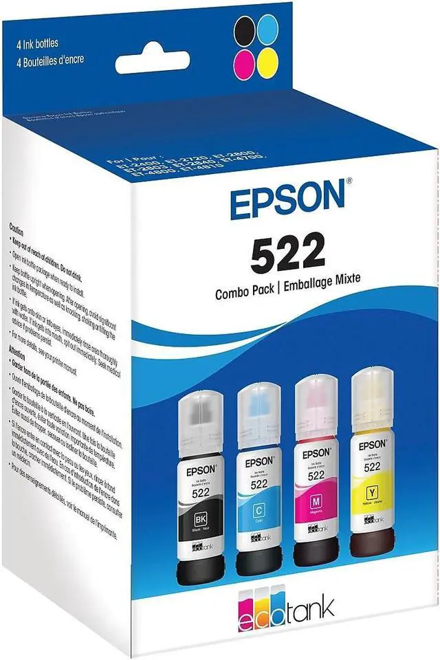 Main image of Epson 522 Black/Cyan/Magenta/Yellow Ultra High Yield Ink Cartridge Refill 4/Pack (T522120-BCS)
