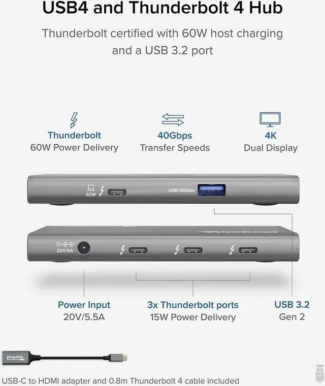 Alt view image 17 of 20 - Plugable 5-in-1 Thunderbolt 4 Hub with 60W Charging, Single 8K or Dual 4K Display, Compatible with Thunderbolt / USB4 Macs and Thunderbolt 4 / USB4 Windows (1x USB-C to HDMI Adapter), Driverless