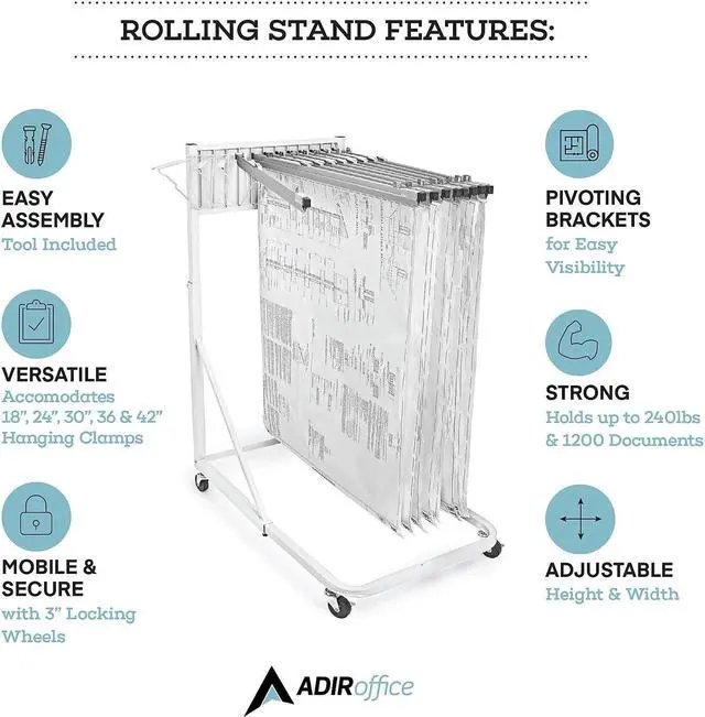 Alt view image 4 of 7 - AdirOffice 12 Bracket Vertical Large File Rolling Stand For Blueprints White (613-WHI)