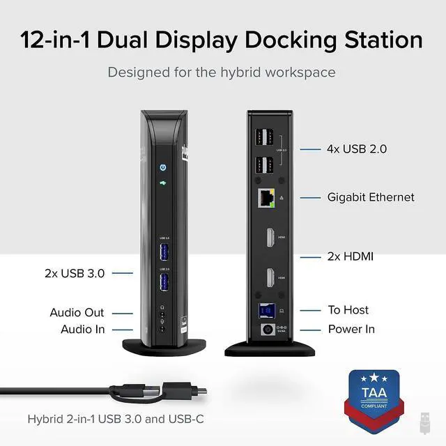 Alt view image 9 of 14 - Plugable USB 3.0 Universal Laptop Docking Station Dual Monitor for Windows and Mac, USB 3.0 or USB-C, (Dual Video: HDMI and HDMI/DVI/VGA, Gigabit Ethernet, Audio, 6 USB Ports)