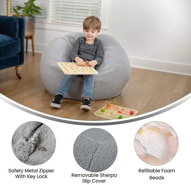 Alt view image 3 of 14 - Flash Furniture Dillon Faux Sherpa Refillable Bean Bag Chair Gray (DGBEANSMSHRPGY)