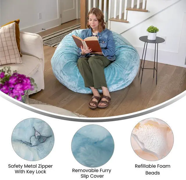 Alt view image 3 of 14 - Flash Furniture Duncan Furry Oversized Refillable Bean Bag Chair Teal (DGBEANLGFURTL)